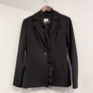 Grey Lab Black Blazer Jacket Ruffle Collar Single Button Size Small Office Work